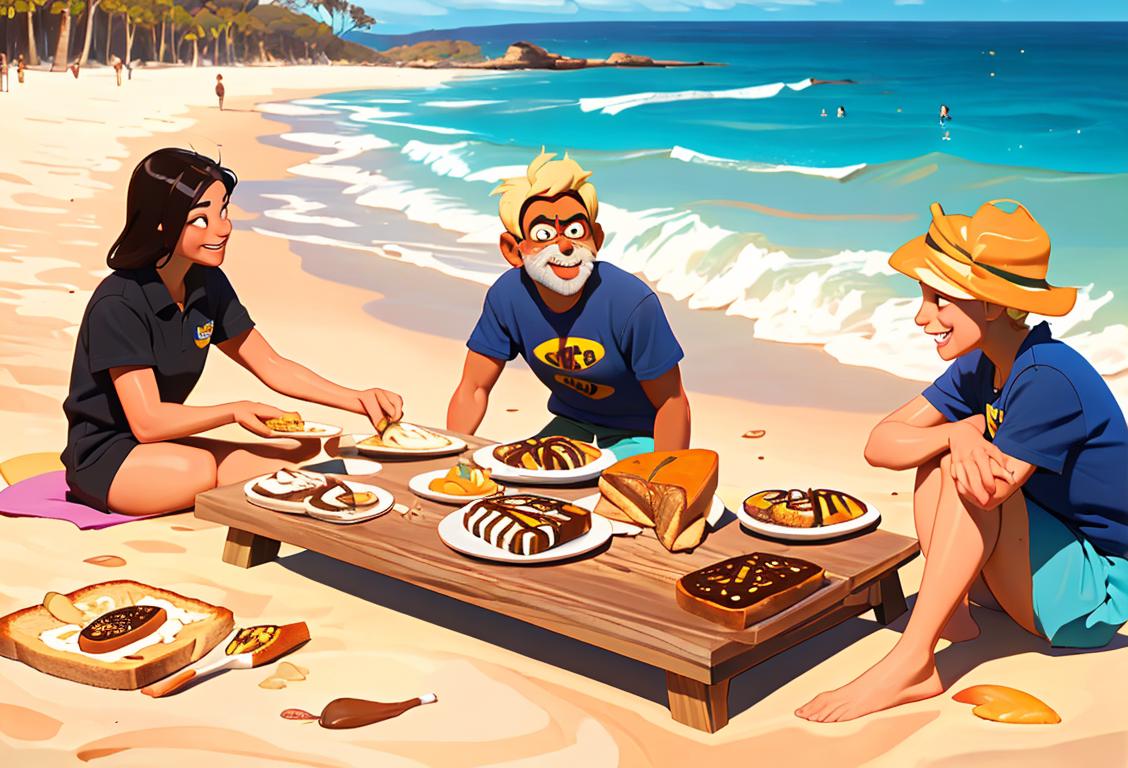 A group of friends enjoying slices of toast spread with Vegemite, wearing colorful beach attire, with a sunny Australian beach scene in the background..