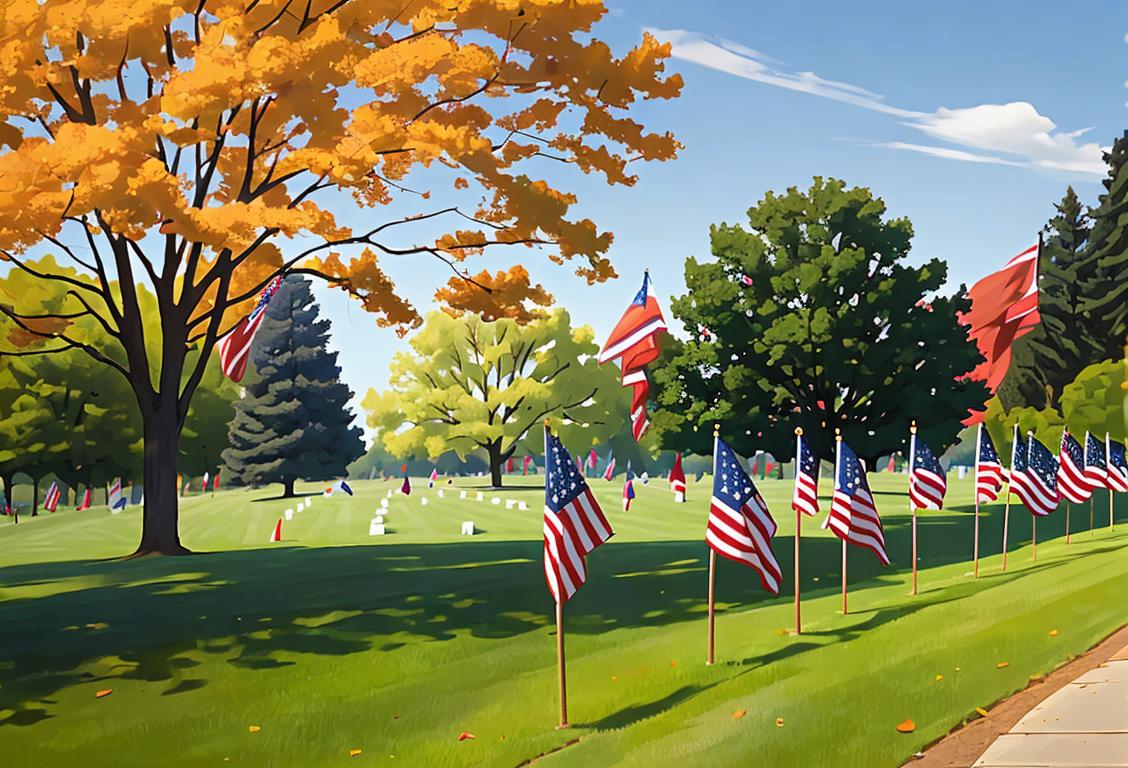 A group of diverse individuals standing respectfully among rows of American flags, wearing patriotic attire, in a serene park setting..