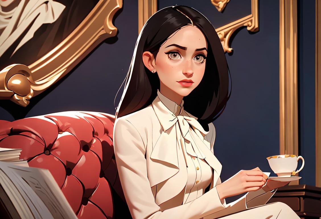 Young woman, elegantly dressed in a modern outfit, holding a cup of tea and reading a book in a charming, British-inspired setting..