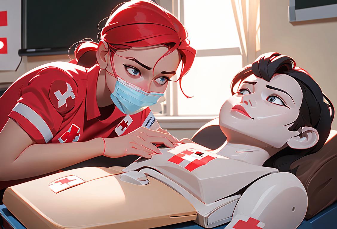 Person wearing a red cross t-shirt, performing CPR on a mannequin, in a brightly lit classroom..