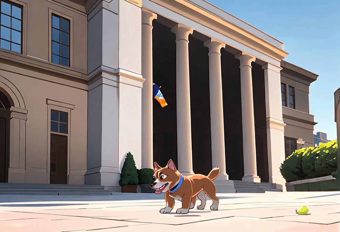 A politician wearing a suit playing fetch with a cute dog in front of a government building, surrounded by supporters..