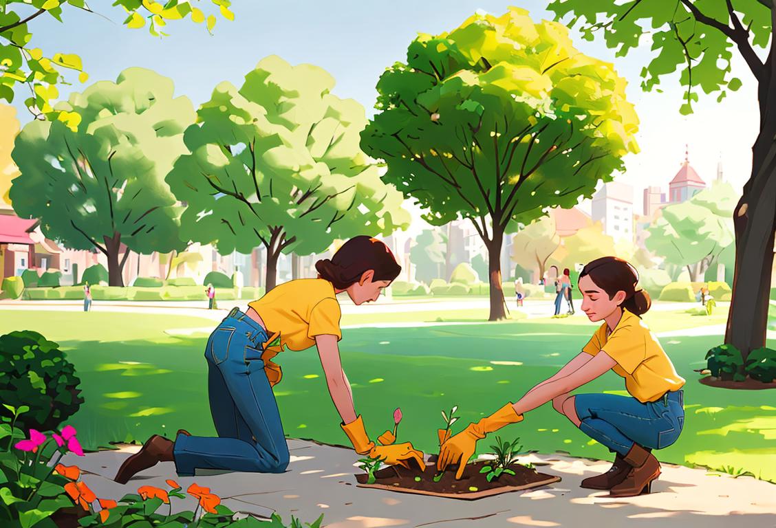 Young women planting trees in a vibrant city park, wearing gardening gloves, sustainable fashion style, eco-friendly setting..