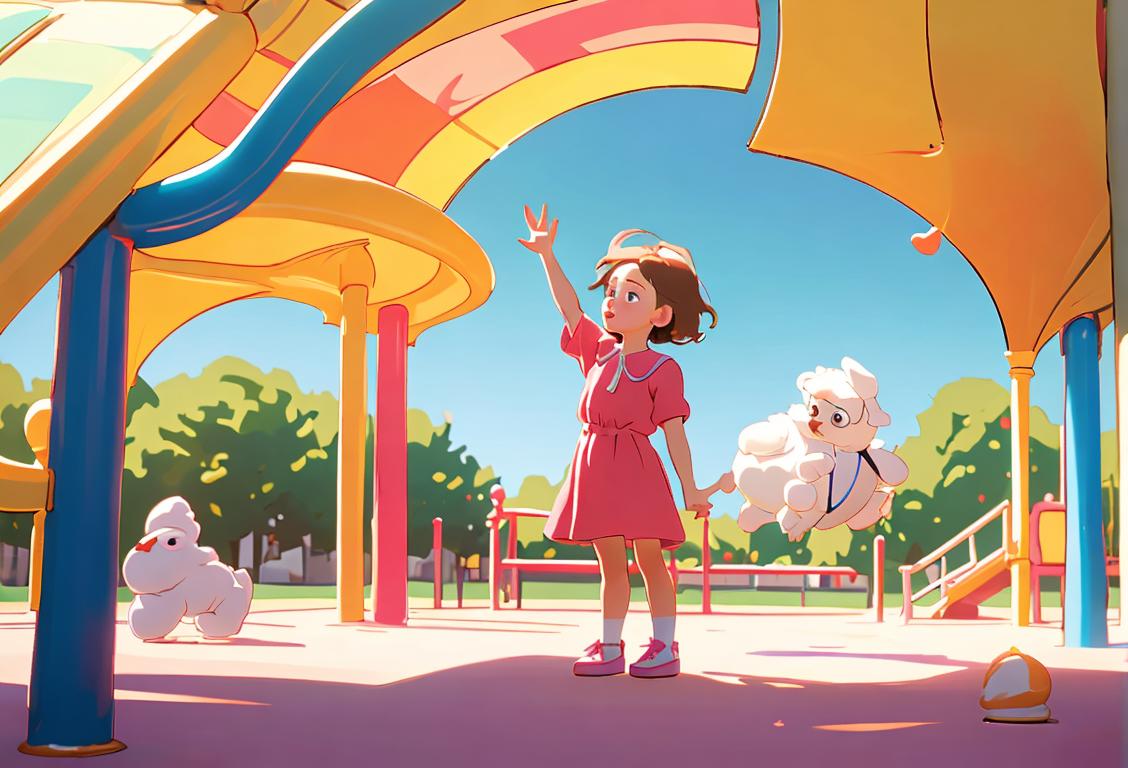 Young child in colorful outfit, standing on tiptoes, reaching as high as they can to touch a fluffy cloud on a sunny playground..