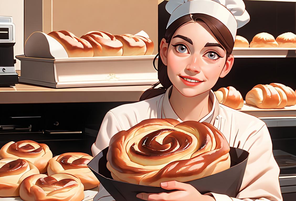 A person, wearing a chef's hat, joyfully holding a freshly baked kouign amann surrounded by a French bakery setting..