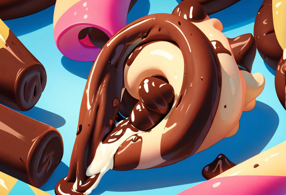 Person biting into a choco cone, surrounded by colorful choco cone banners and joyful friends..