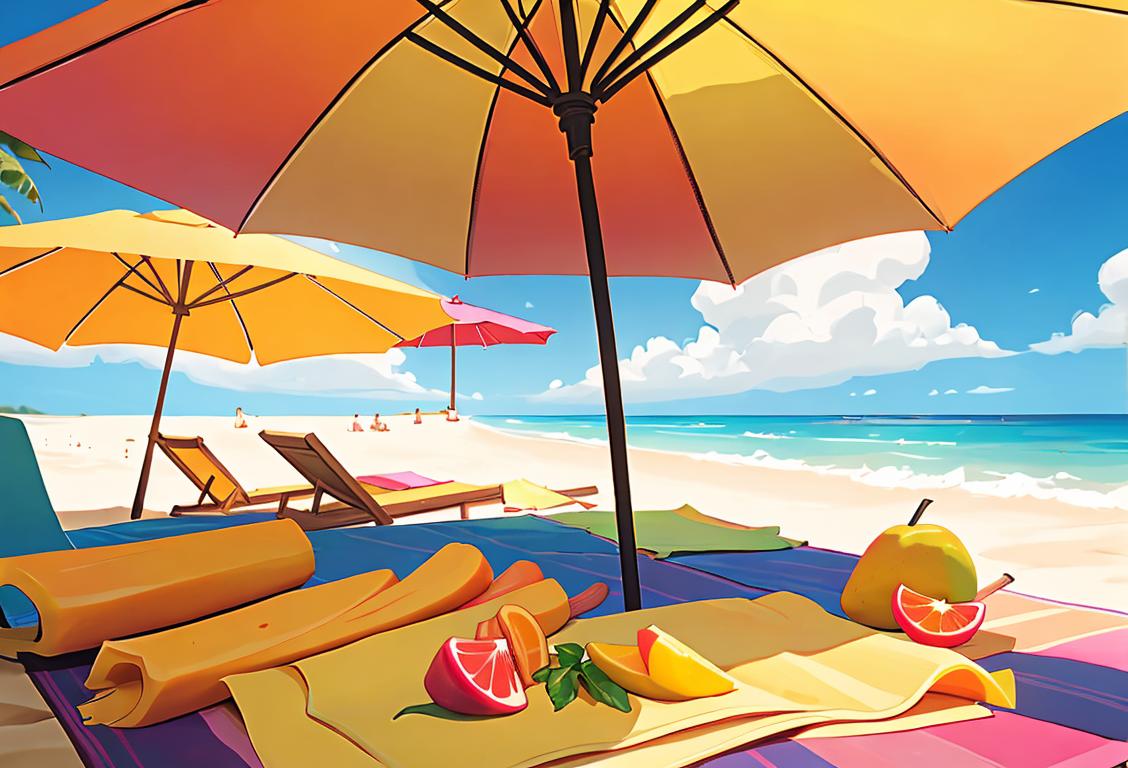 Juicy mango slices on a tropical beach towel with sunglasses, beach umbrella, and a fruity drink..