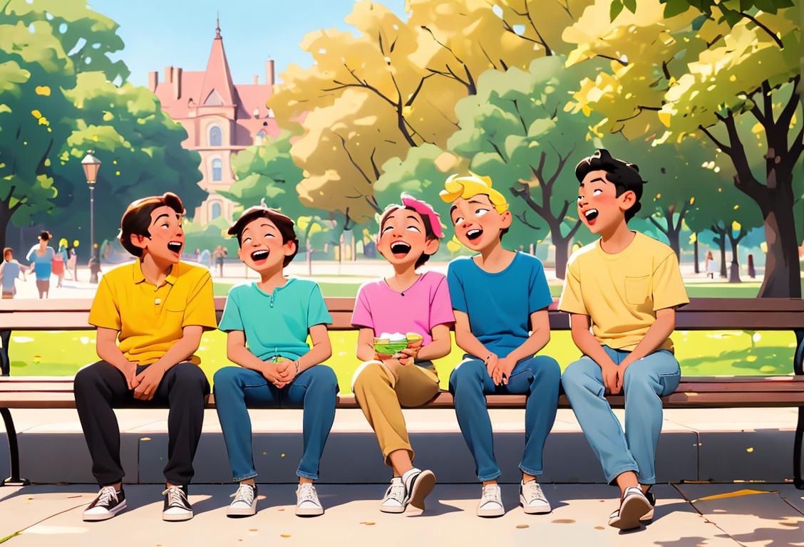 A group of friends sitting on a park bench, laughing hysterically, while clutching their stomachs. They are wearing casual clothes, reflecting a carefree and relaxed style. The scene is filled with vibrant colors, capturing the joy and spontaneity of National Pee Your Pants Day..