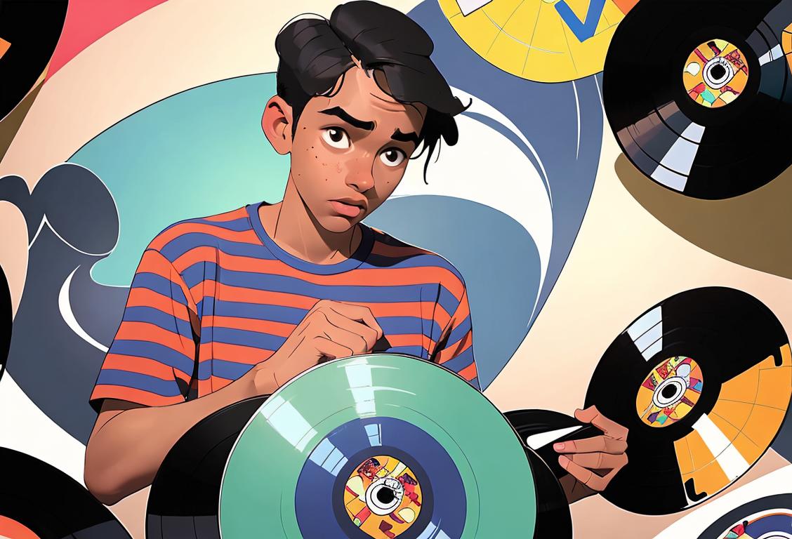 A young man wearing a striped shirt, holding a vinyl record, with a thought bubble showing a question mark, surrounded by puzzle pieces..