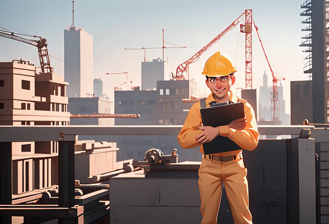 A cheerful engineer wearing a hard hat, holding a blueprint, standing in front of a modern city skyline with construction machinery nearby..