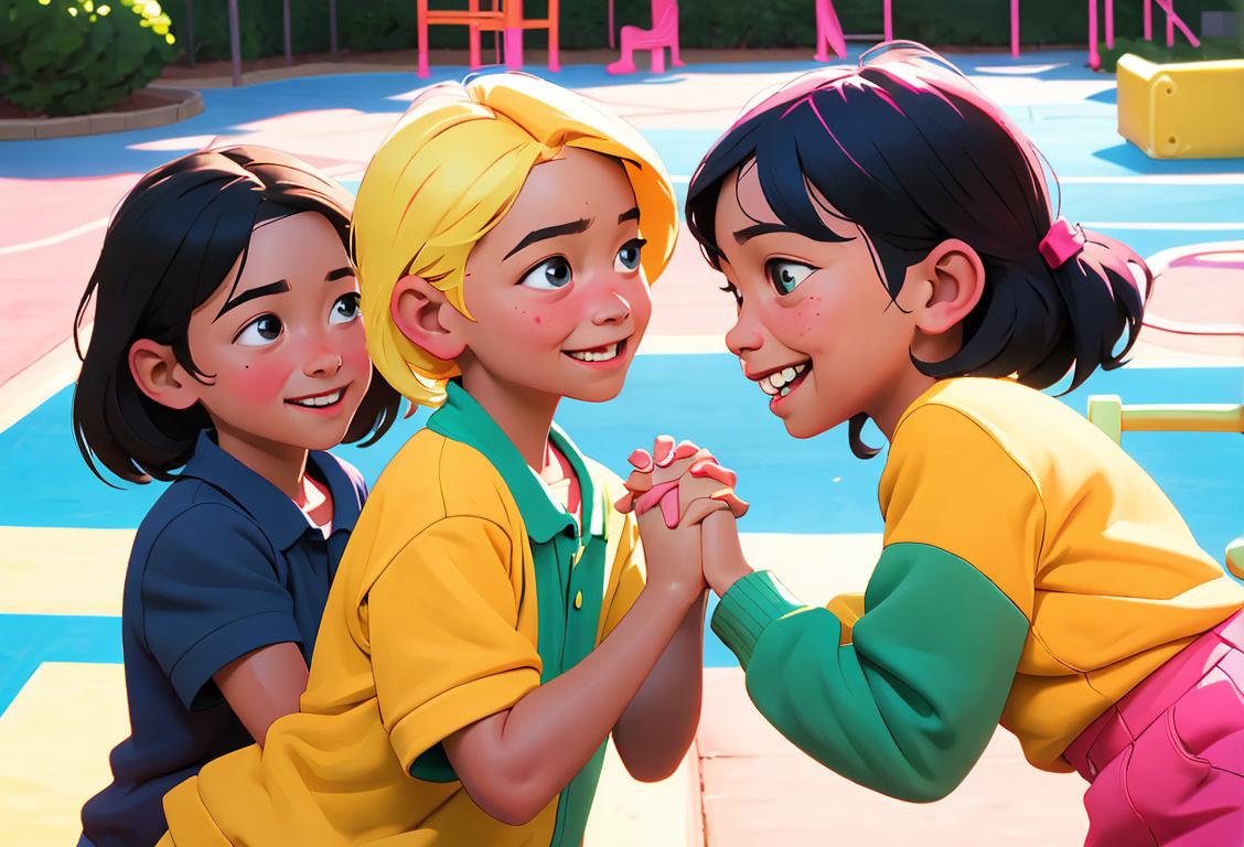 A diverse group of children smiling and holding hands, wearing bright and colorful clothes, in a school playground setting..