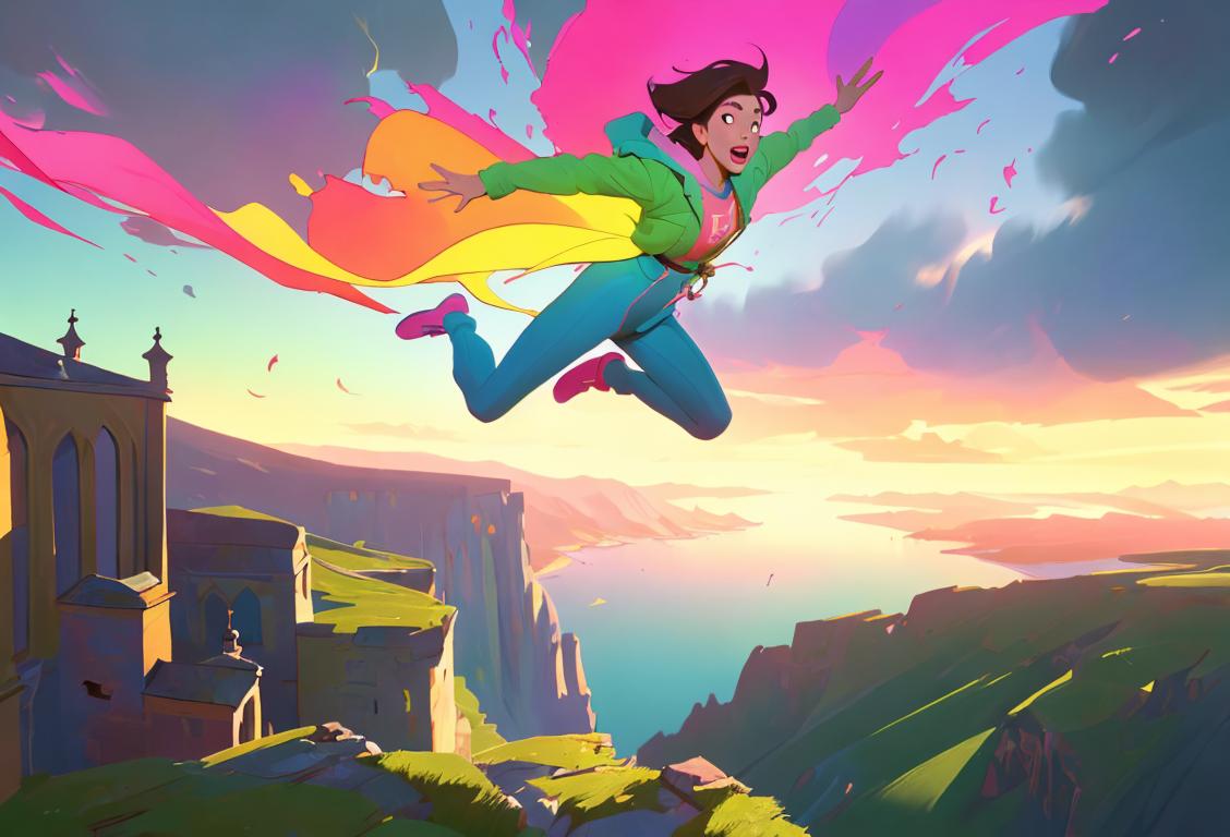 A person taking a leap of faith, dressed in colorful and adventurous clothing, against a backdrop of beautiful landscapes..