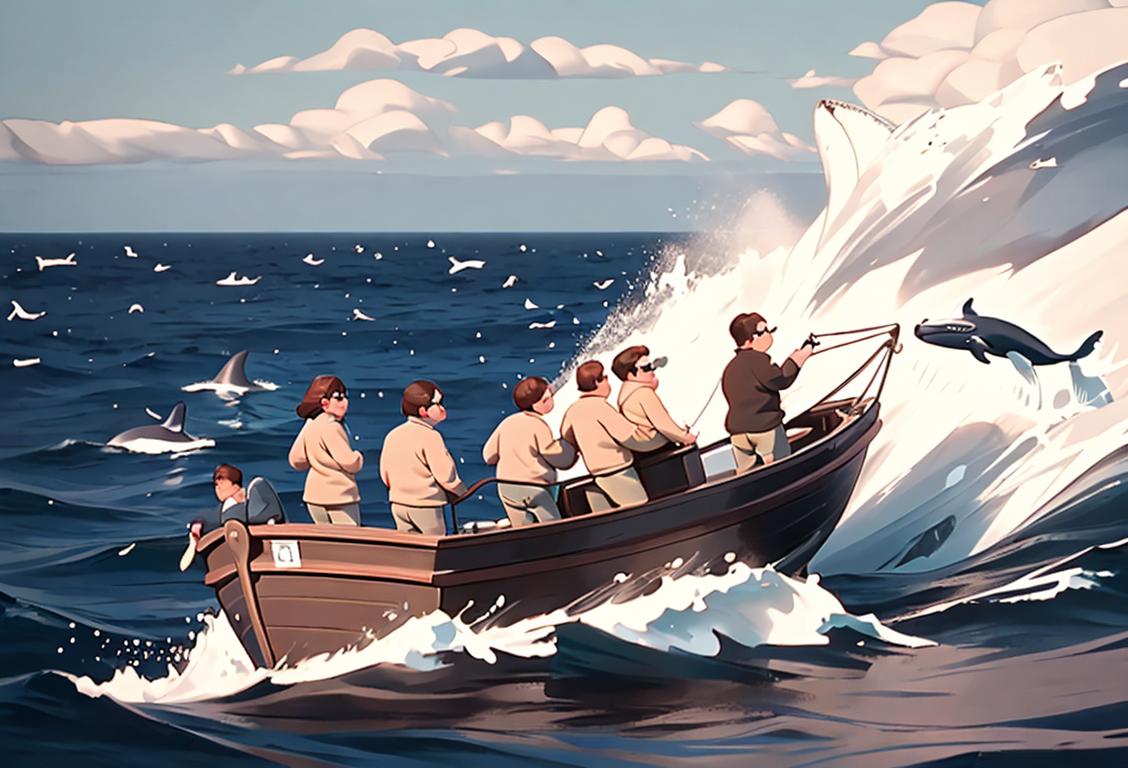 Group of people on a boat, looking through binoculars, wearing nautical clothing, with whales splashing in the background..