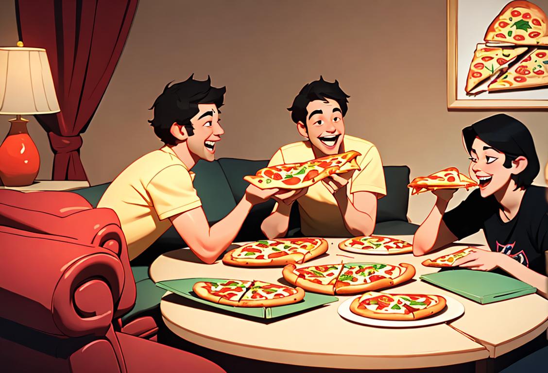 Group of friends laughing and enjoying a cheesy pizza feast, casual clothing, cozy living room setting..