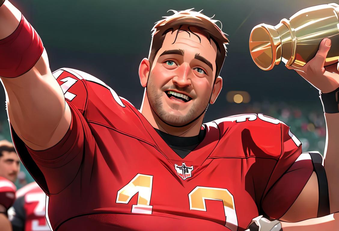 A smiling Joe Staley surrounded by cheering fans, wearing his football jersey and holding a trophy, in a vibrant stadium..