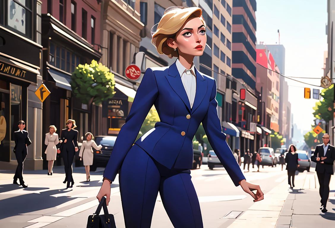 Confident person wearing a stylish pantsuit, strutting down a city street bustling with life and fashion-forward individuals..