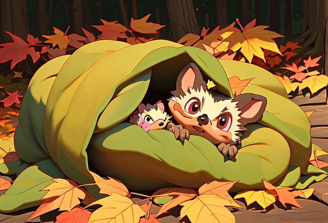 Cute hedgehog curled up in a cozy blanket, surrounded by autumn leaves, forest scene..