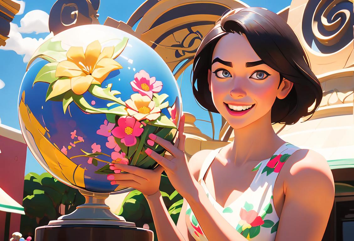 A cheerful young woman named Kaitlyn, wearing a floral sundress, holding a globe, surrounded by diverse cultural symbols and landmarks..
