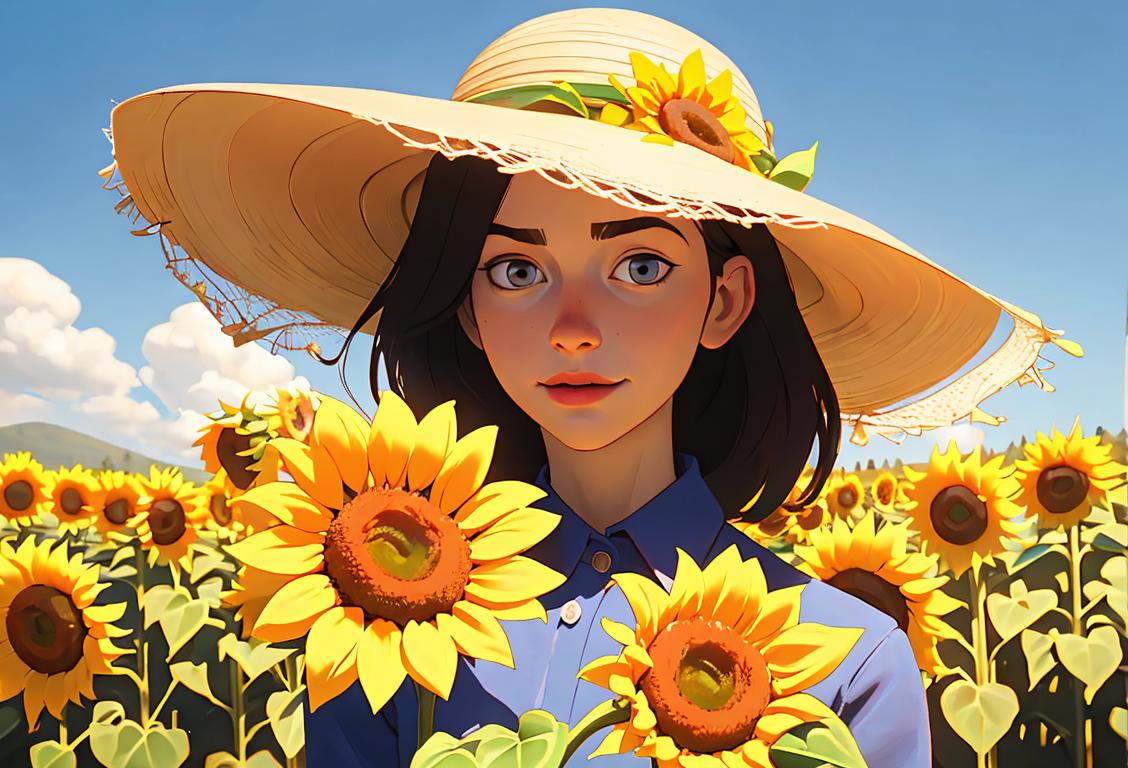 Young woman named Sally, holding a bouquet of sunflowers, wearing a sun hat, frolicking in a sunny meadow..