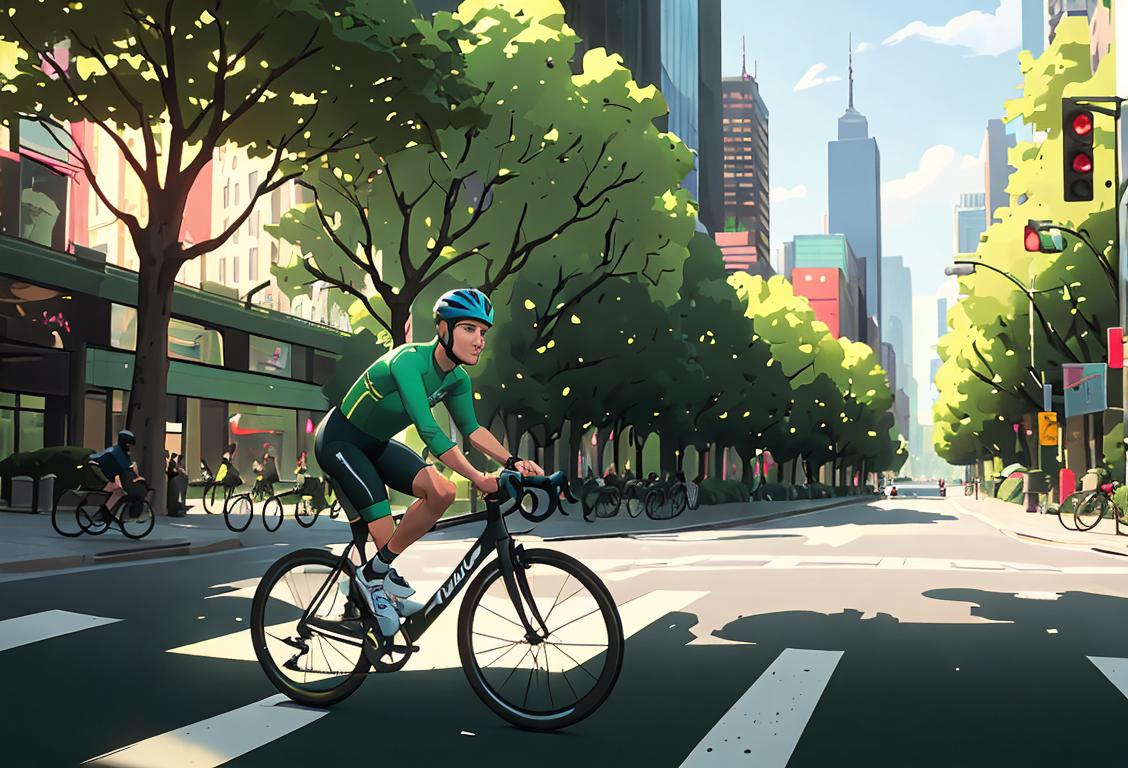 A professional dressed cyclist wearing a helmet, riding a bike through a bustling city street, surrounded by skyscrapers and green trees..