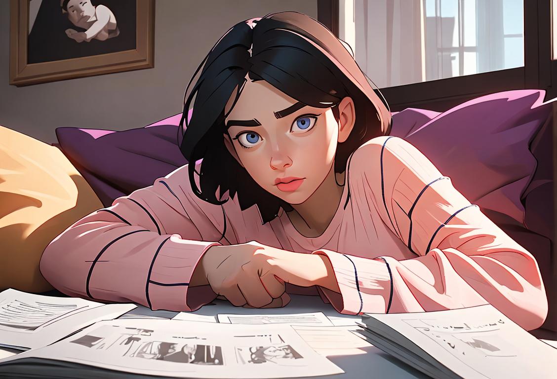 A person surrounded by a pile of unread text messages, wearing pajamas, cozy home setting..