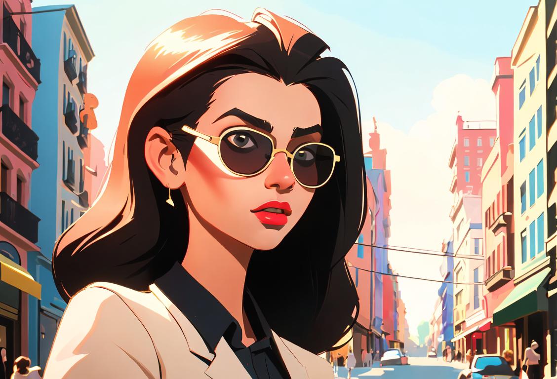 Young woman wearing trendy sunglasses, standing in a vibrant city street, with a retro fashion style and a sunny backdrop..