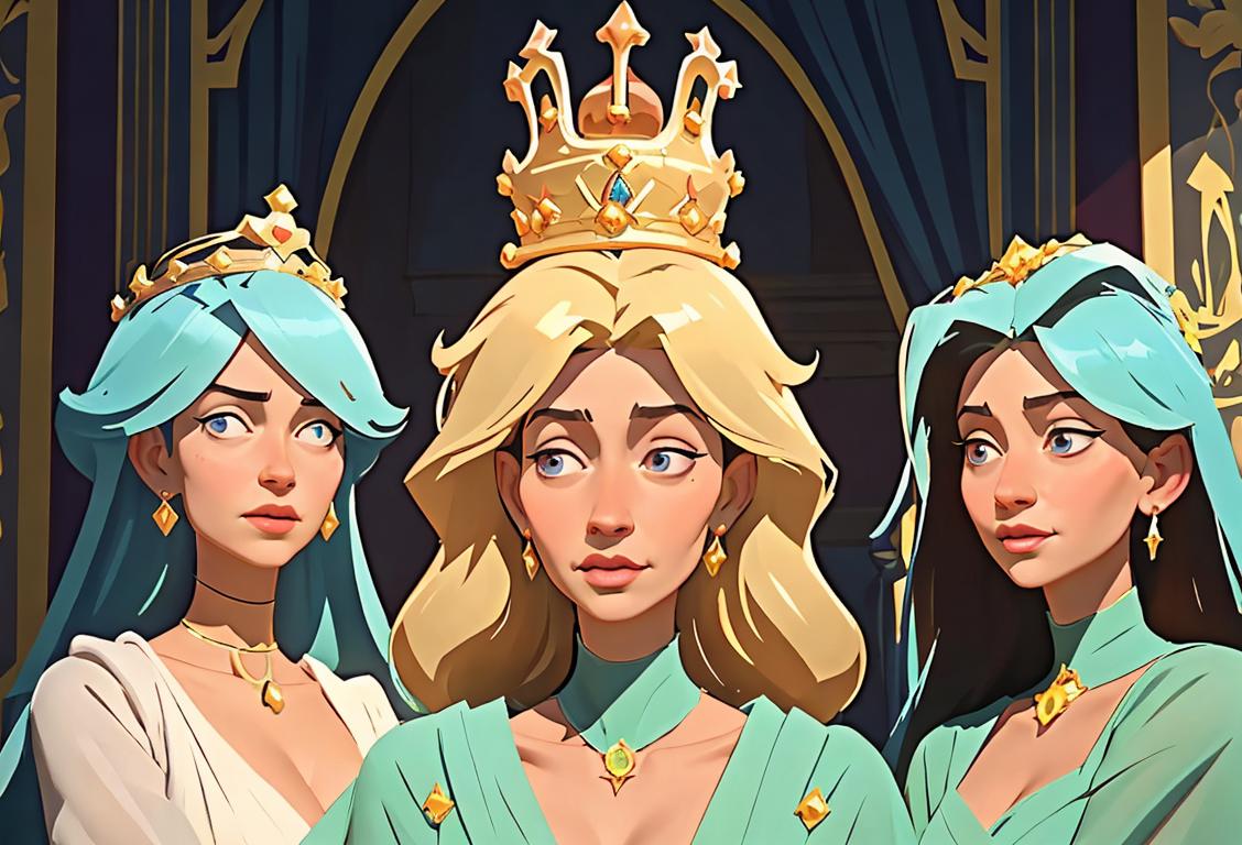 A group of diverse people, wearing crowns and tiaras, having a regal celebration in a beautiful palace garden..
