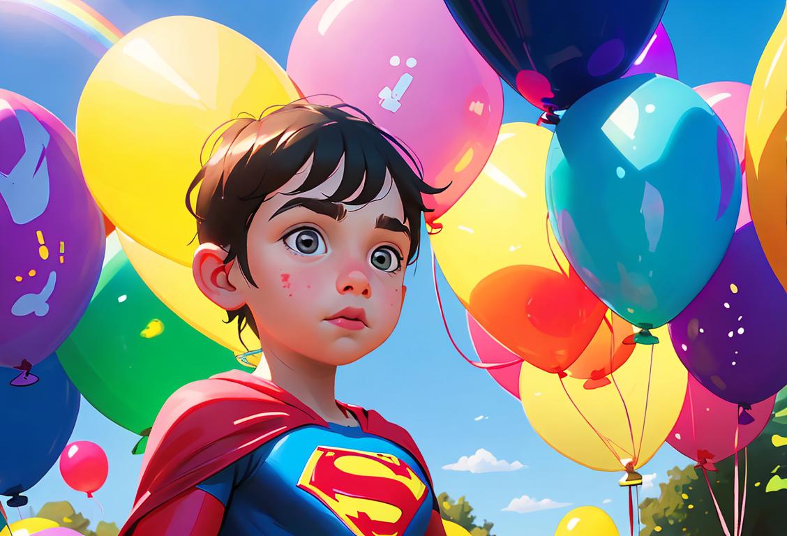 Cute child painting a rainbow, wearing a superhero costume, surrounded by colorful balloons and a park setting..