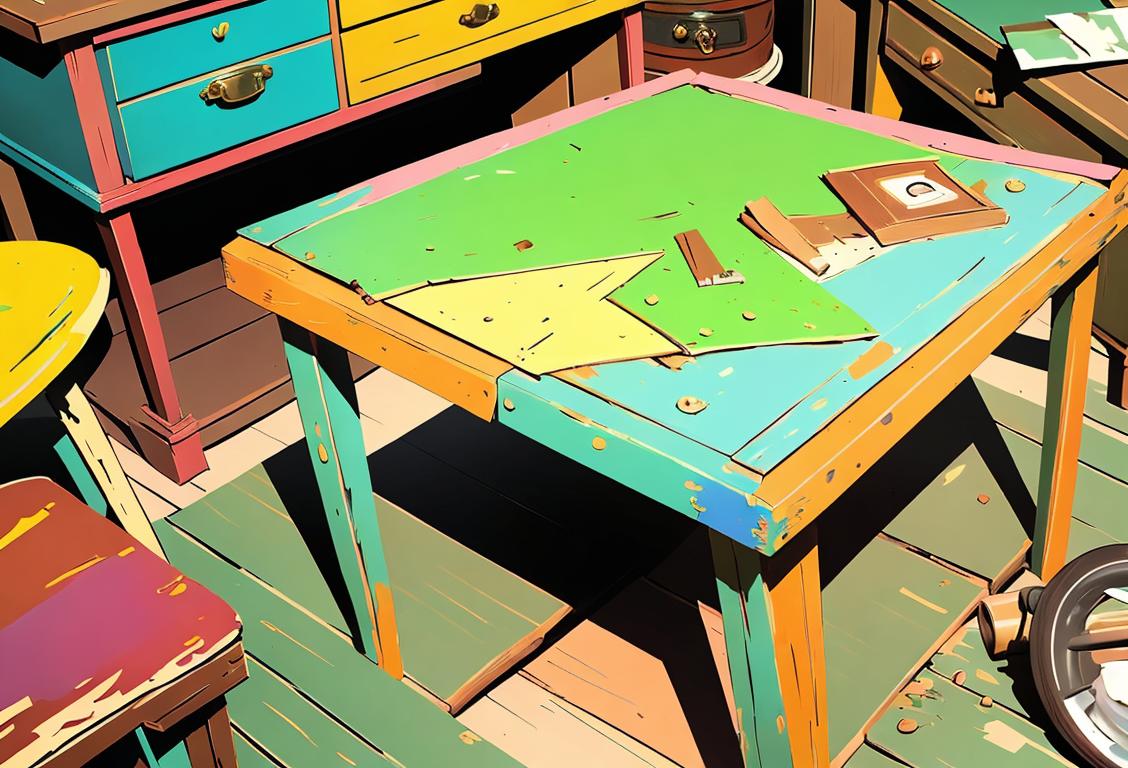A creative individual upcycling a worn-out piece of furniture in a colorful workshop, surrounded by paintbrushes, tools, and recycled materials, showcasing their unique style and flair..