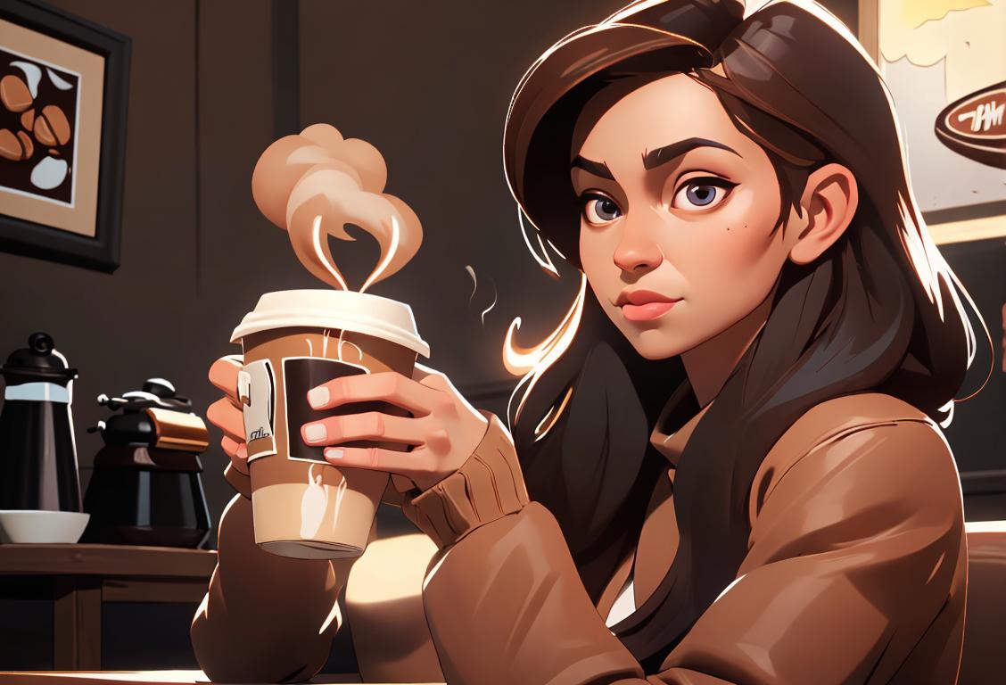 A cozy coffee shop scene with a person in a trendy outfit enjoying a steaming cup of coffee with a splash of Kahlua..