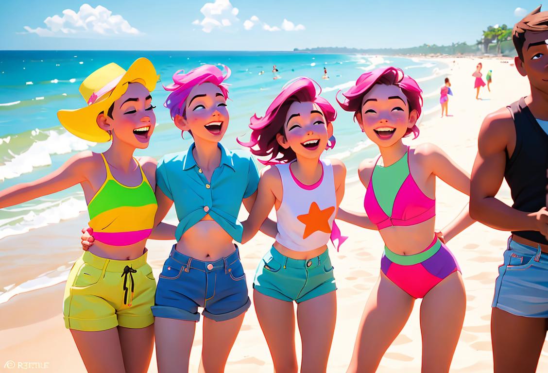 A group of friends laughing and having fun at a beach, wearing colorful and stylish summer outfits, with a caption that says 'Happy National No Underwear Day!'.