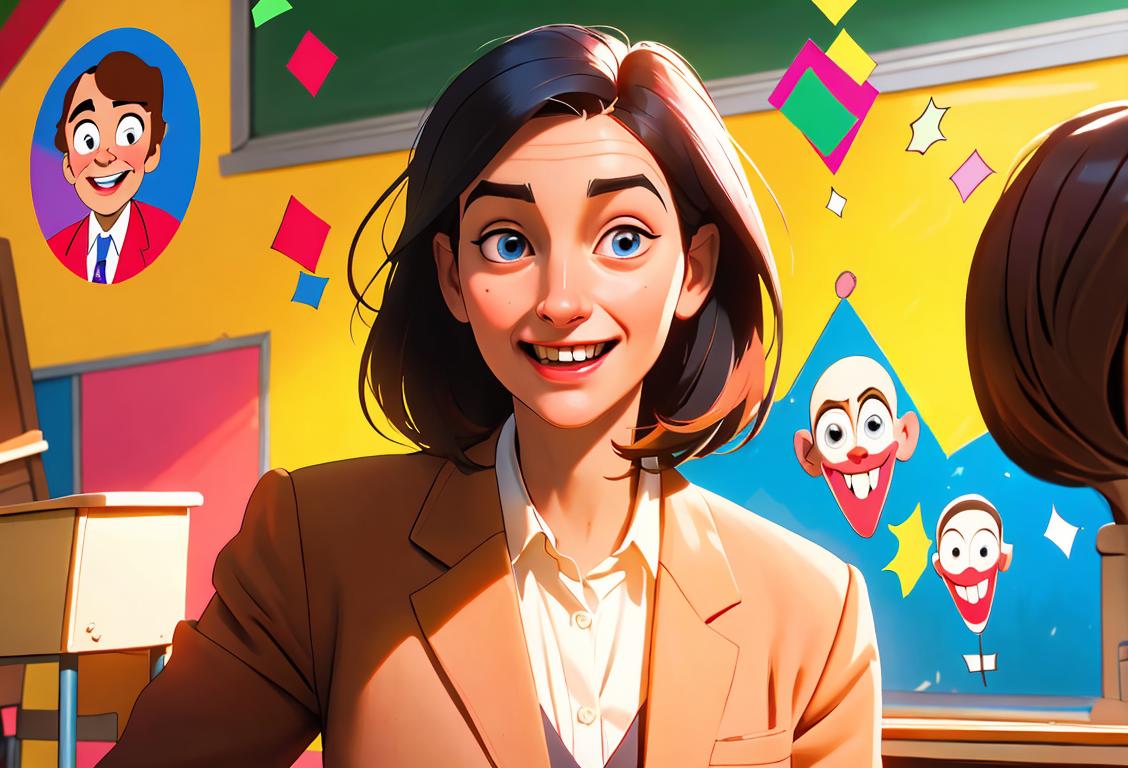 A happy teacher, wearing a classic tweed blazer, surrounded by colorful classroom decorations and enthusiastic students..