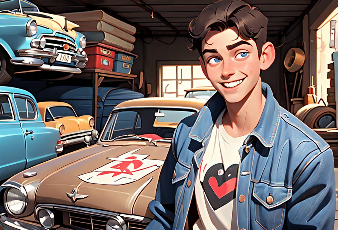 A smiling young man named Jack, wearing a classic denim jacket, surrounded by childhood trinkets and a car tool in a garage setting..
