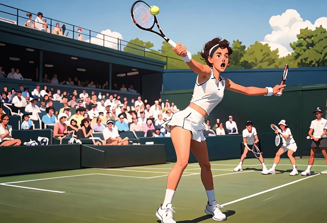 A professional tennis player in action, wearing a white tennis outfit, surrounded by cheering spectators at the National Tennis Center..