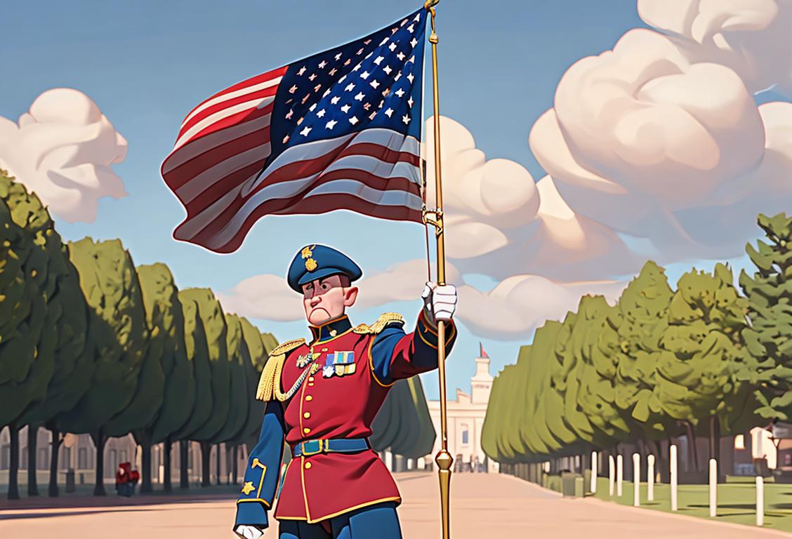A brave, strong National Guardsman standing tall in their uniform, surrounded by a patriotic scene of American flags waving in the background..