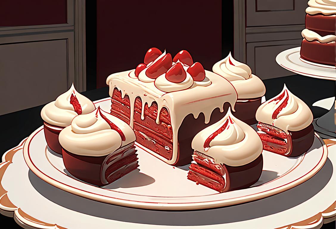 A mouth-watering image of a delicious red velvet cake with cream cheese frosting. The cake is beautifully decorated with red-tinged slices and topped with a sprinkle of powdered sugar. It is placed on a vintage cake stand, surrounded by ornate Victorian-style silverware. In the background, there is a cozy kitchen with warm lighting and a window showcasing a picturesque countryside view. The scene captures the decadence and allure of the red velvet cake's rich history, inviting viewers to indulge in its heavenly taste and celebrate National Red Velvet Cake Day in style..