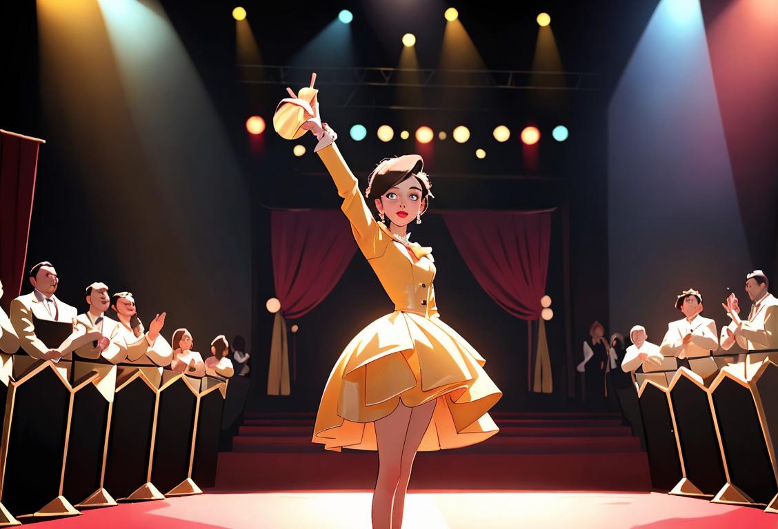 Young person dressed in a glamorous outfit, standing on a brightly lit stage, with a crowd of people cheering and applauding..