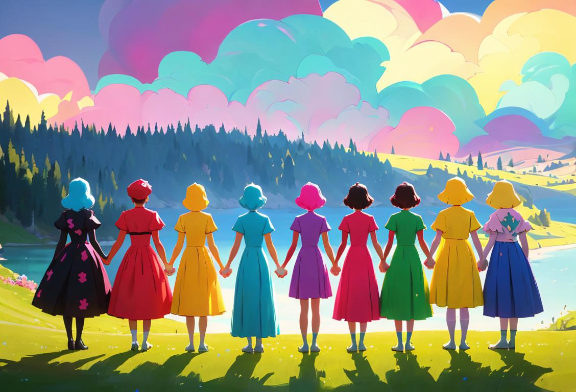 A diverse group of people holding hands, standing in front of a beautiful scenic backdrop, wearing colorful outfits and expressing support for mental health..