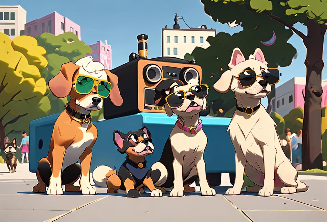 A group of adorable dogs wearing stylish sunglasses, posing with a boombox, in a trendy urban park setting..