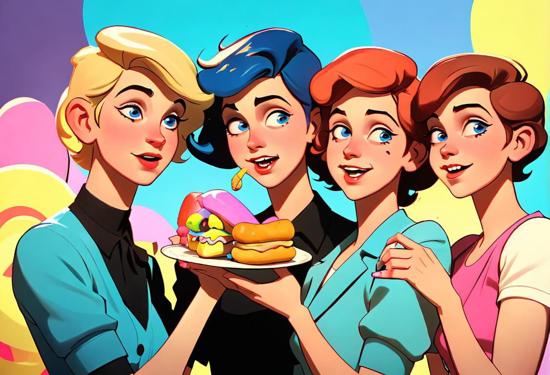 A group of friends joyfully holding and taking a bite out of Twinkies, wearing colorful retro clothing, reminiscent of the 1950s American fashion and surrounded by vintage-themed decorations and props..