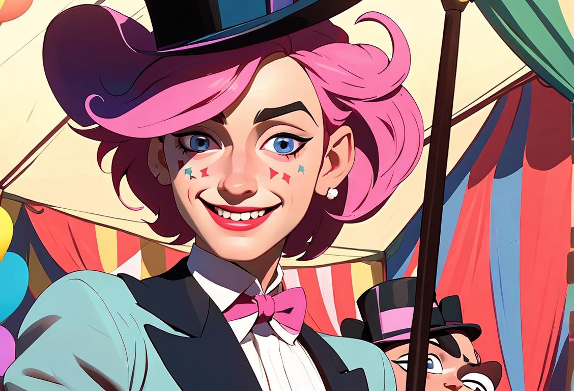 Young non-binary person smiling, wearing a colorful outfit with a top hat, vintage circus fashion, circus tent setting..