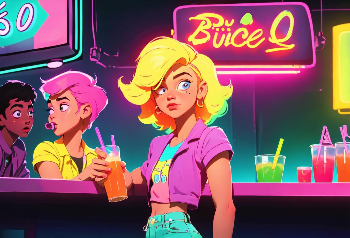 Teenagers at a juice bar, wearing colorful clothes, 80s disco style, vibrant neon lights in the background..