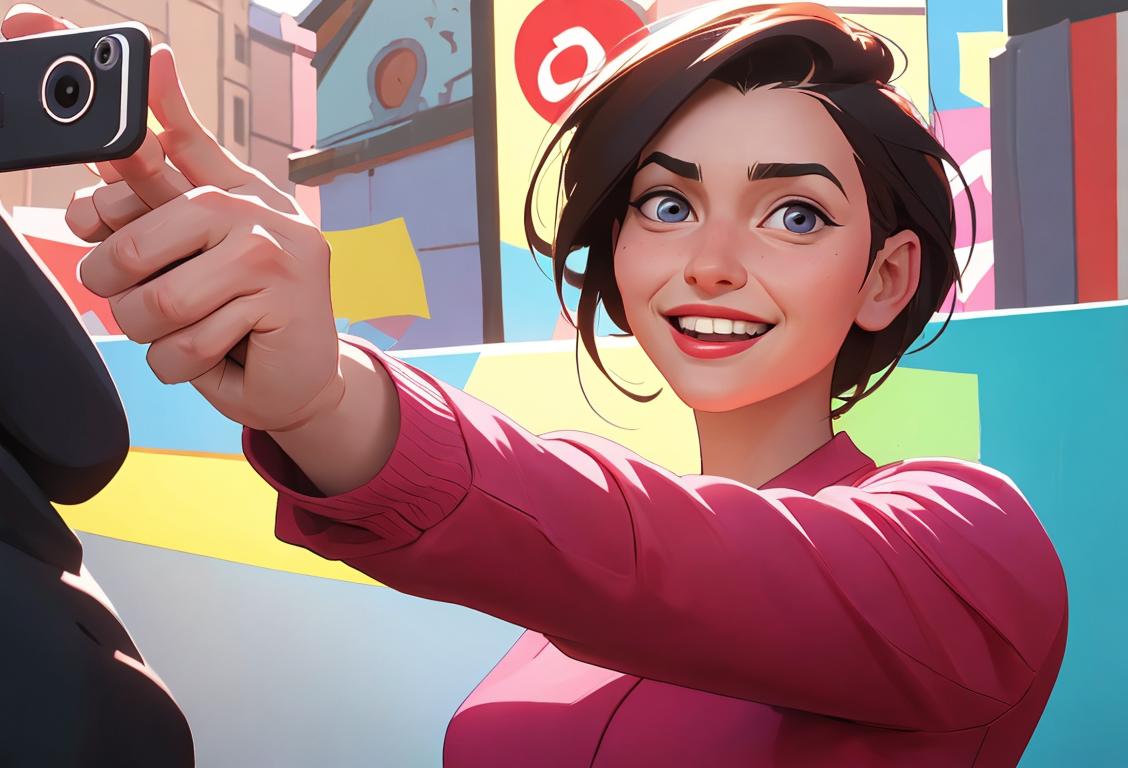 A joyful person extending their arm for a handshake, while confidently capturing a selfie. Casual attire, urban background..