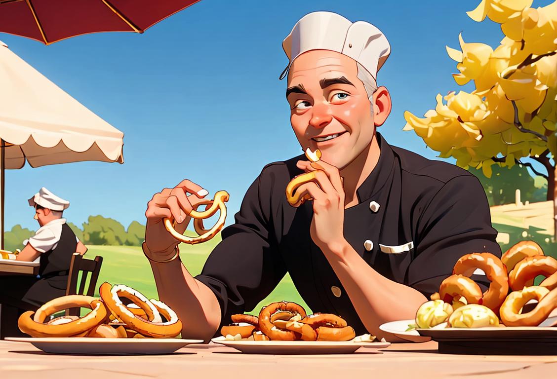 A joyful person, wearing a chef hat, proudly holding a plate of crispy, golden onion rings with a backdrop of a lively outdoor picnic scene..