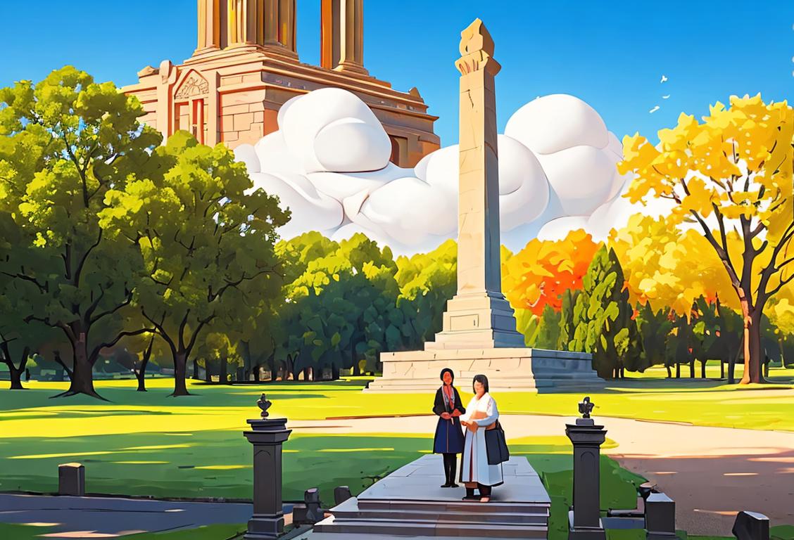 A diverse group of people standing in front of a majestic national monument, dressed in traditional clothing, with peaceful and reverent expressions..