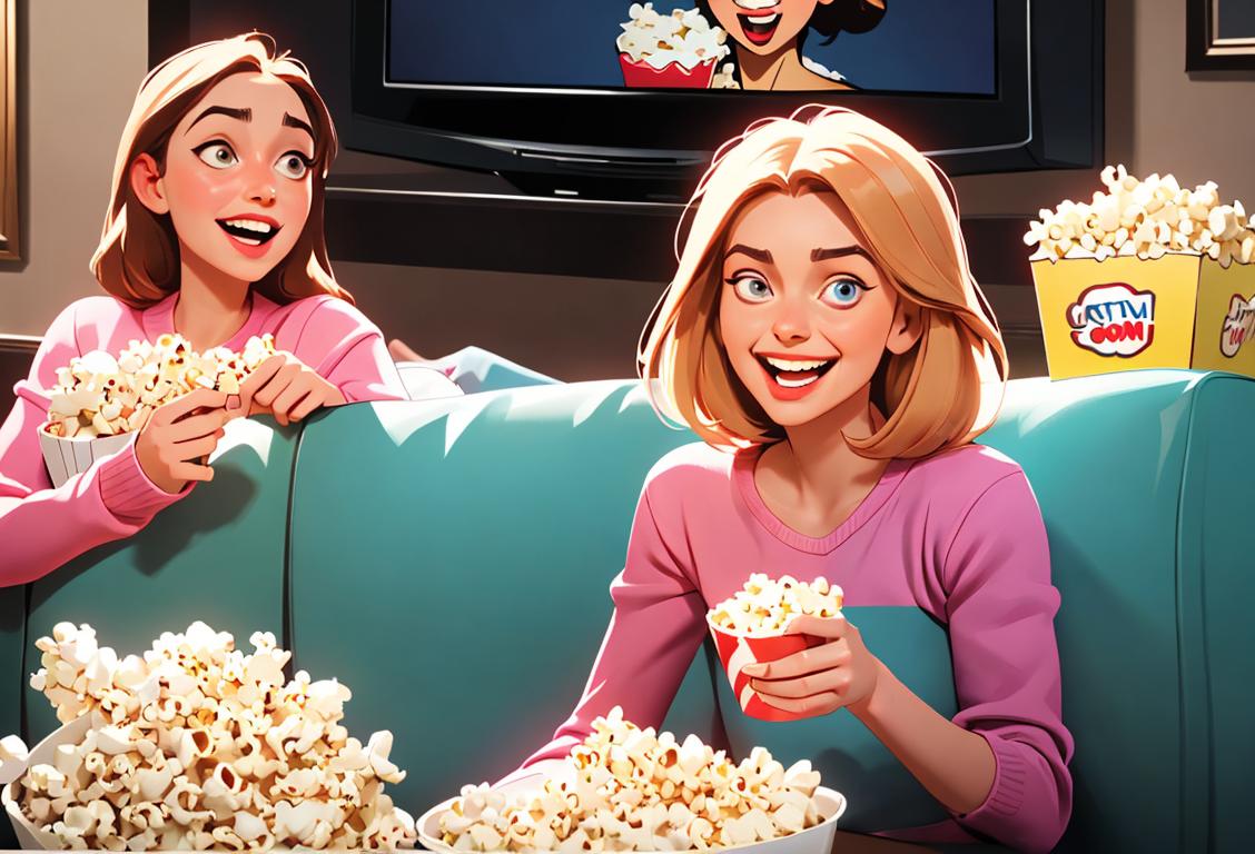 Young woman sitting on a couch, laughing at a hilarious TV show, surrounded by popcorn and friends..