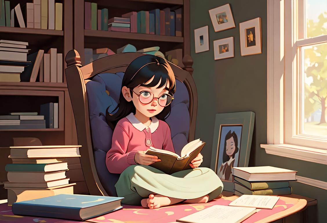 A child, sitting in a cozy reading nook, surrounded by a stack of books, wearing a cute pair of glasses, transported to a magical world..