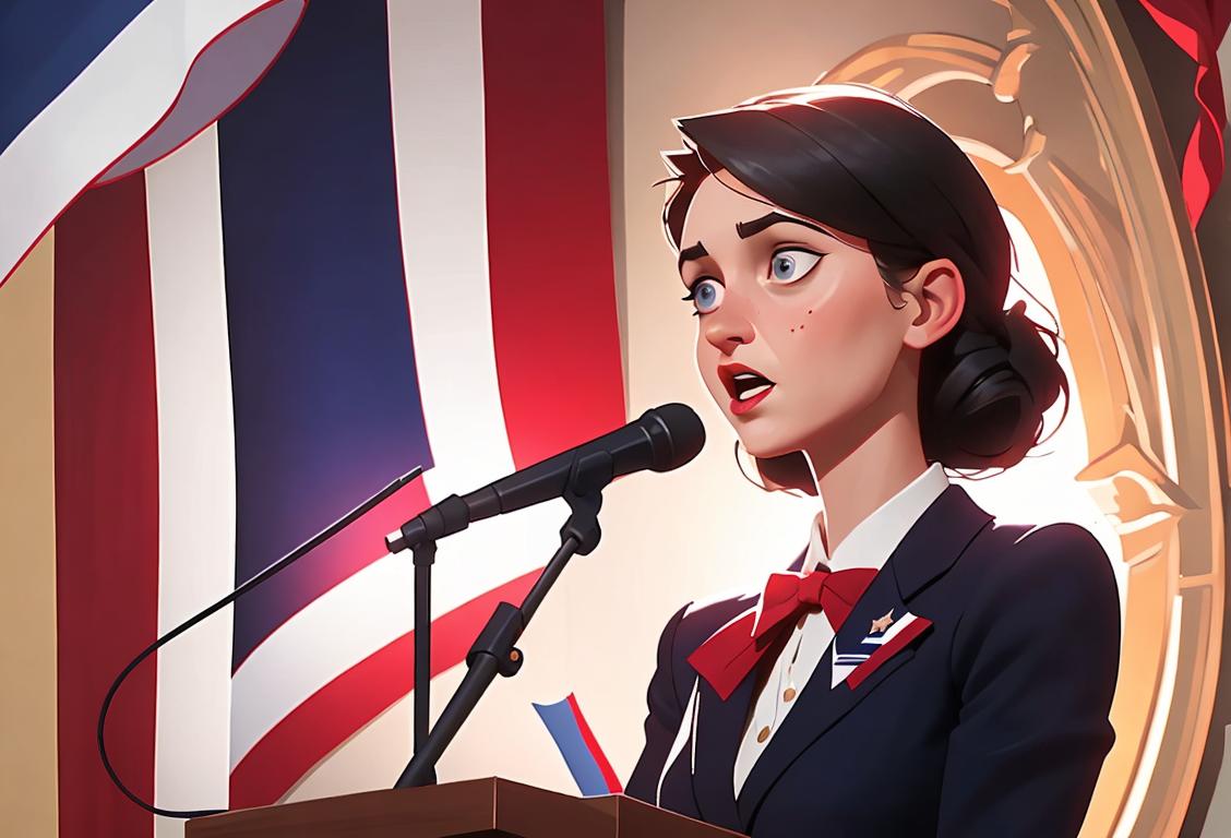 Young woman giving a heartfelt speech at a podium, wearing professional attire, surrounded by patriotic decorations and American flags..