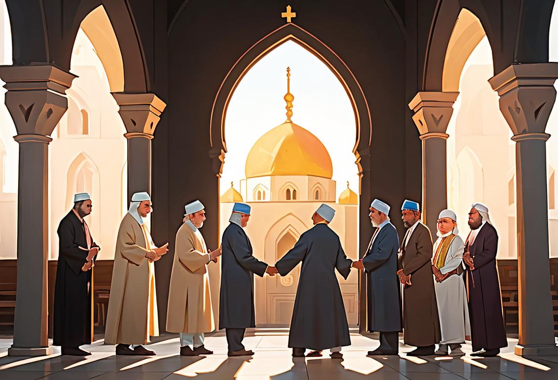 A diverse group of people of different cultures and religions standing together, holding hands, with a sun shining brightly in the background..