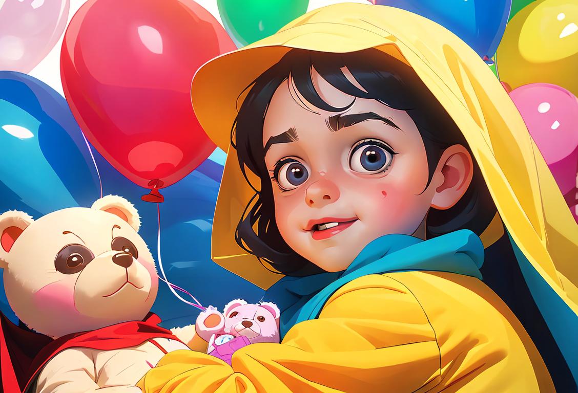 A happy child receiving a polio vaccine, wearing a superhero cape, in a brightly colored clinic filled with balloons and teddy bears..