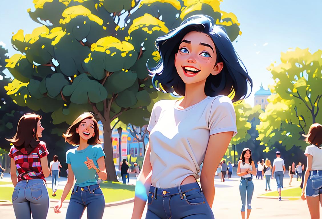 Young woman wearing distressed blue jeans, laughing with friends in a sunny park, capturing the carefree spirit of National Blue Jeans Day..
